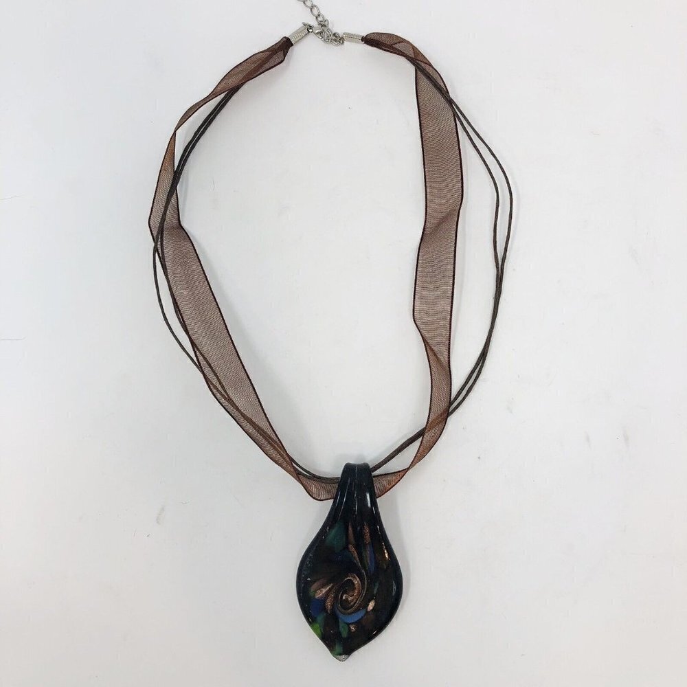 HANDMADE LAMPWORK GLASS PENDANT NECKLACE BOHO BLACK ART GLASS BRONZE SPIRAL 16"